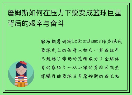 詹姆斯如何在压力下蜕变成篮球巨星背后的艰辛与奋斗